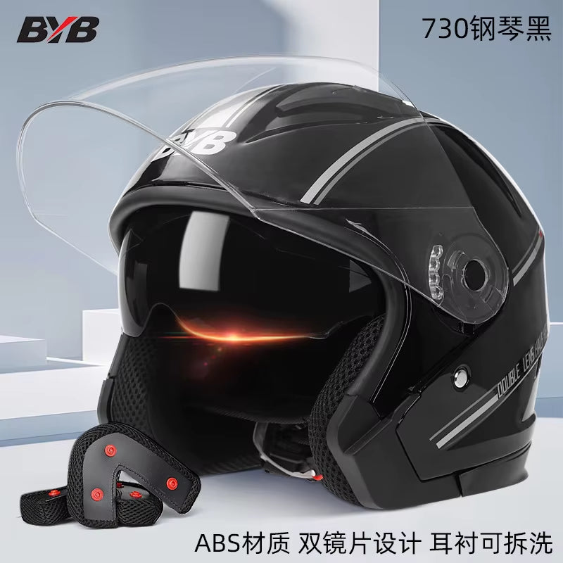 Motorcycle Open Face Helmet for Men and Women Dual Lens Sun Visor Face Shield Top Lightweight Scooter Bike Retro 3/4 Helmet